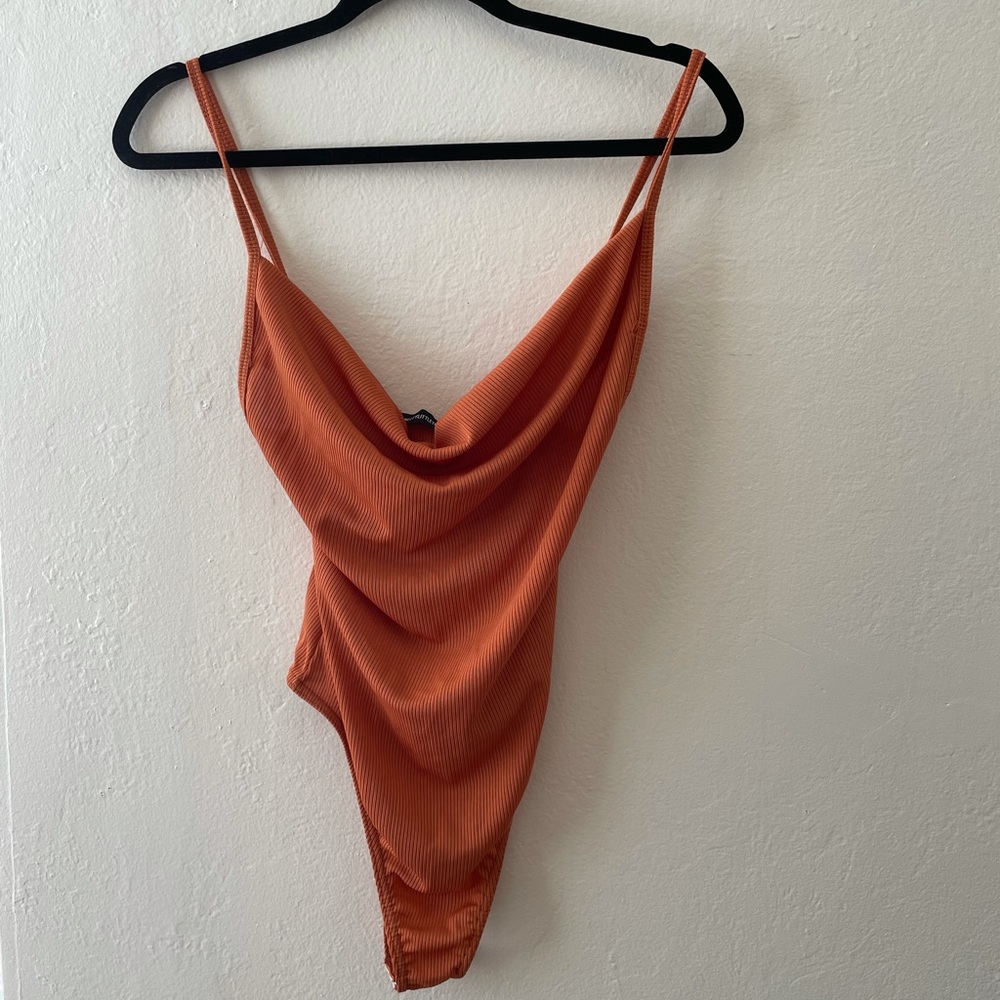 PLT Rust colored body suit with cowl neck
